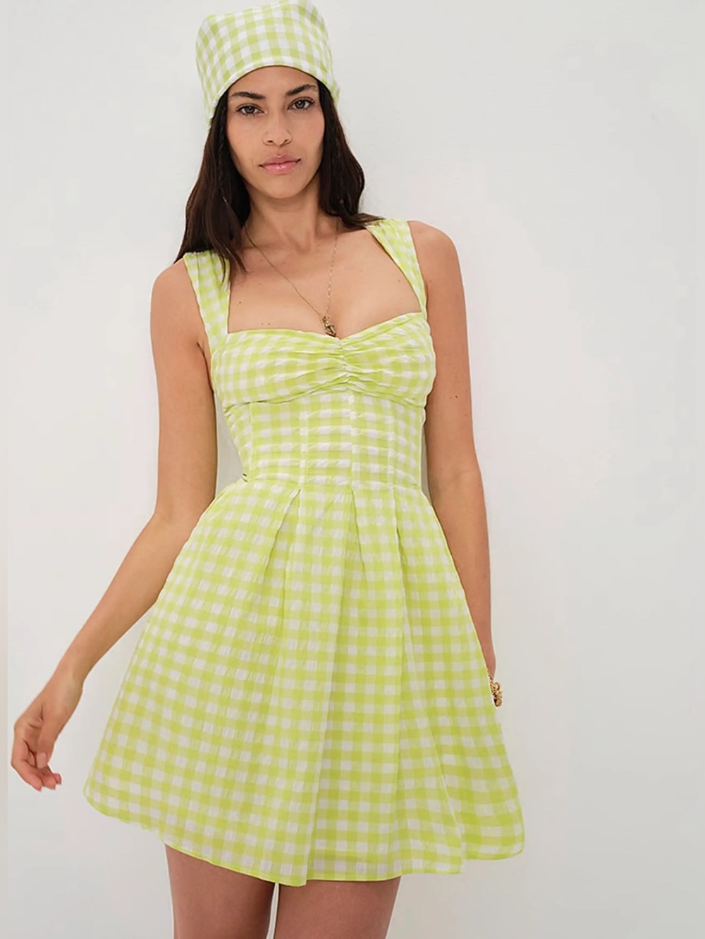 For Love & Lemons August Mini Checkered Gingham Dress in Green XS